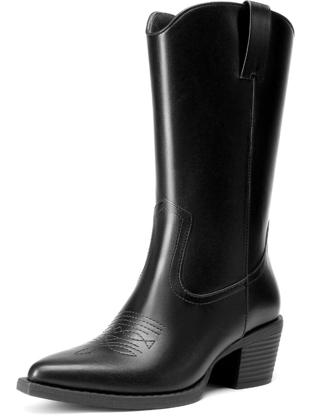Women's Black Faux Leather Narrow Square Toe Mid Calf Western Cowgirl Boots